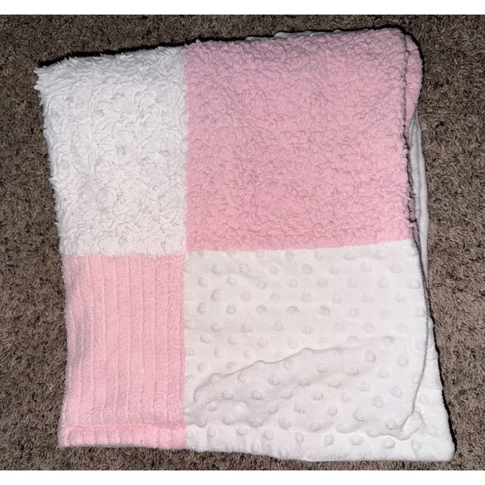 Baby Essentials Patchwork Baby Blanket‎ Pink White Stripes Minky Dot Lovey